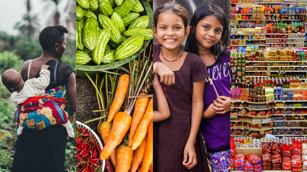 4 images together that feature a women with a baby on her back, vegetables, two young girls, and a supermarket filled with food.