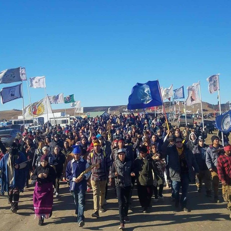 A photo of many protesters holding several flags out in the desert.