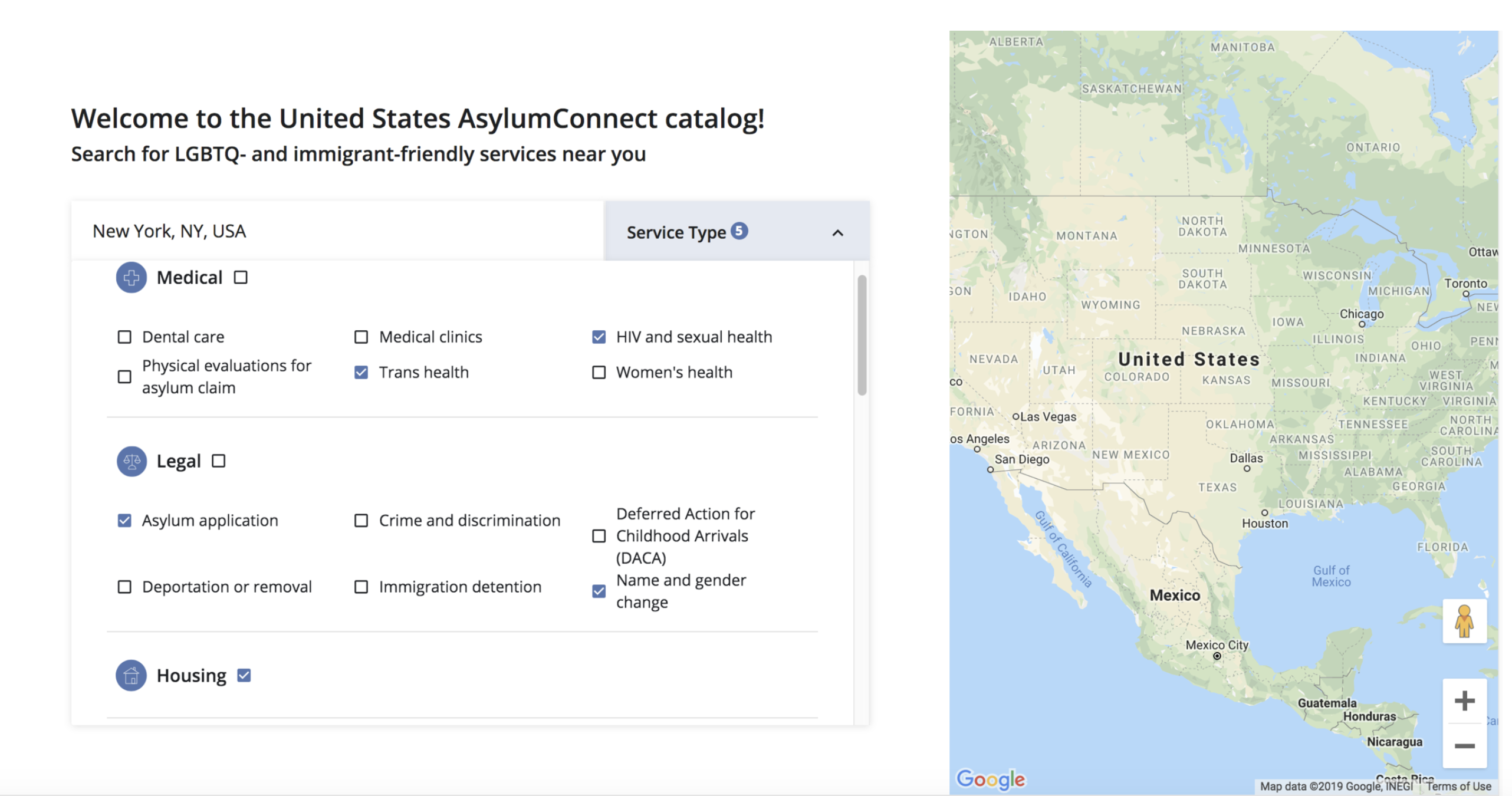 A screenshot of AsylumConnect website and catalog with a map of the United States.