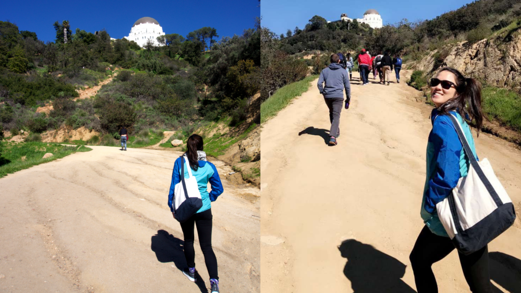 Two photos of Heejae Lim climbing up to the Observatory in LA.