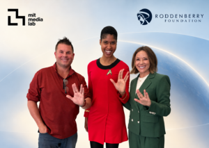 Rod Roddenberry, Danielle Wood and Heidi Roddenberry give Vulcan salute; MIT Media Lab; Roddenberry Foundation logos